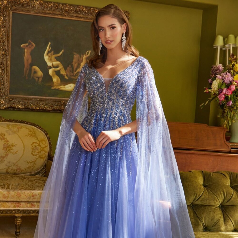 New Elegant Long Mesh Mother Of Bride Dress w/ Cape Sleeves & Jewel GL3606